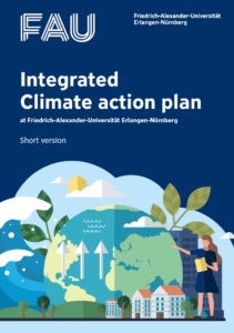 Titelseite des Klimaschutzkonzepts der FAU (Kurzfassung. englisch). Zu sehen sind der Titel "Integrated Climate action plan at Friedrich-Alexander-Universität Erlangen-Nürnberg", der Hinweis "Shortversion" und das Logo des Klimaschutzmanagements der FAU vor dunkelblauem Hintergrund.