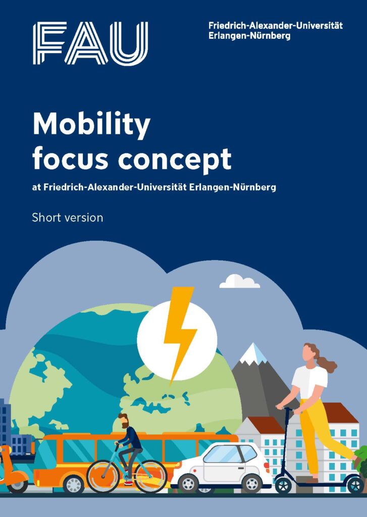 Titelseite des Fokuskonzepts Mobilität der FAU (Kurzfassung. deutsch). Zu sehen sind der Titel "Mobility focus concept at Friedrich-Alexander-Universität Erlangen-Nürnberg", der Hinweis "Short version" und das Logo des Mobilitätsmanagements der FAU vor dunkelblauem Hintergrund.